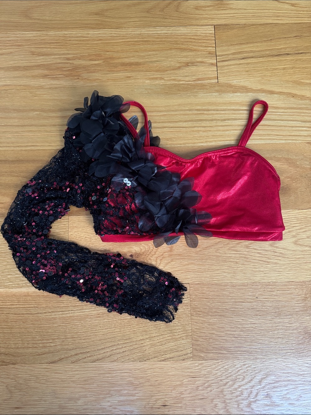Balera Red Top with Black Floral Applique & Sequin Lace Sleeve, MA